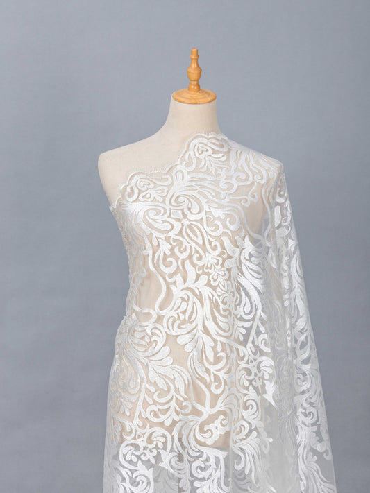 Brudspetstyg - Brud Bröllop Tyg Spets Tyll Rome Barockmönster Vita Slingor Damask Vit 18