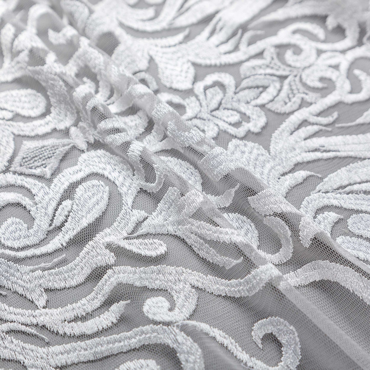 Brudspetstyg - Brud Bröllop Tyg  Spets Tyll Rome Barockmönster Vita Slingor Damask Vit 18