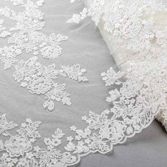 Brudspetstyg - Brud Bröllop Tyg  Spets Tyll Elise Dekorativa Mönster Blommor och Blad Blommigt Benvit 19