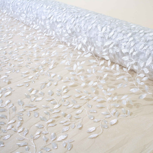 Brudspetstyg - Brud Bröllop Tyg  Spets Tyll Sensommar Bladslingor Vit 14