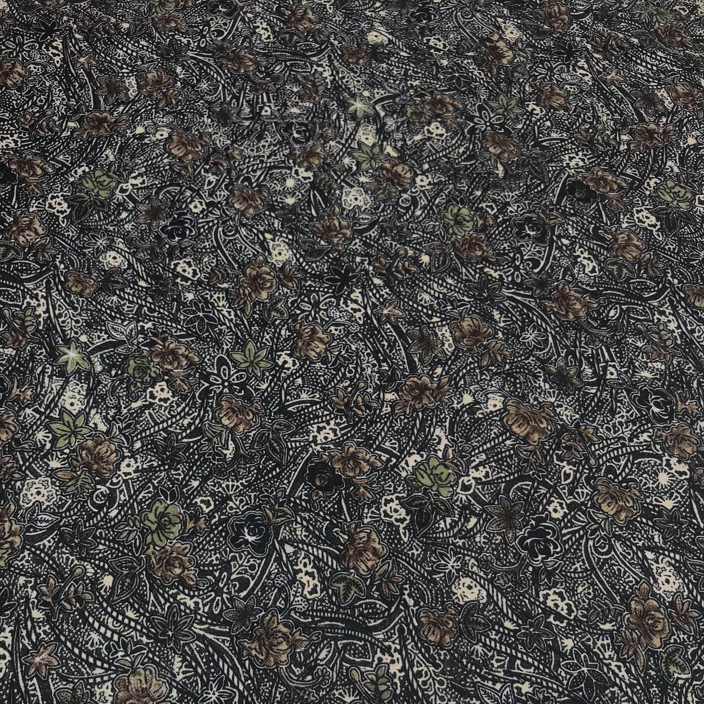Mönstrade Modetyger - Crepe Tyg Väldigt Mjuk Grön Brun Svart Blad 45