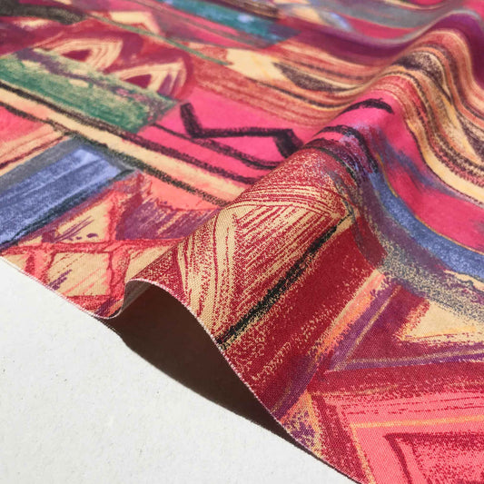 Mönstrat Bomullstyg - RETRO Bomull Styv Abstrakt Rosa Grön Blå Lila 134