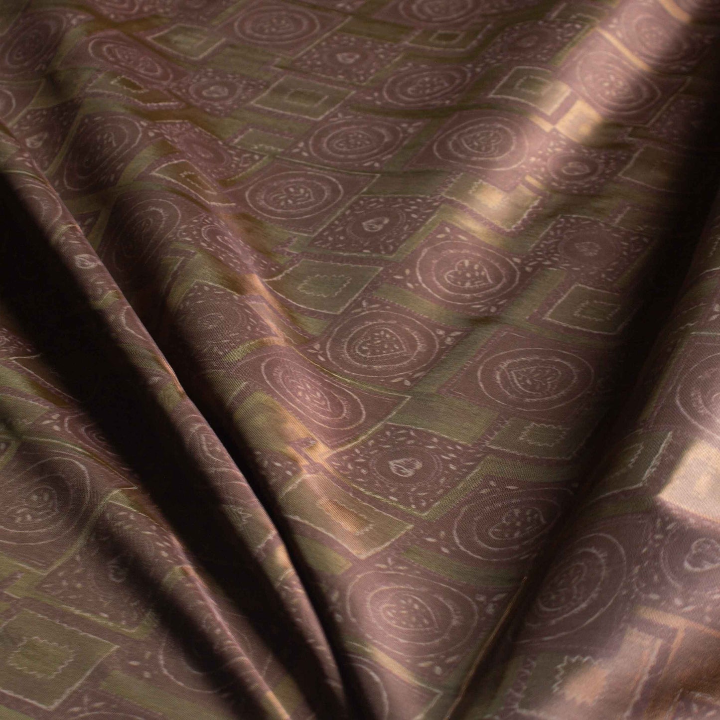 Fodertyg - Tyg Foder Viskos Brun Grön Retro Kvadrat Cirkel Hjärtan 41