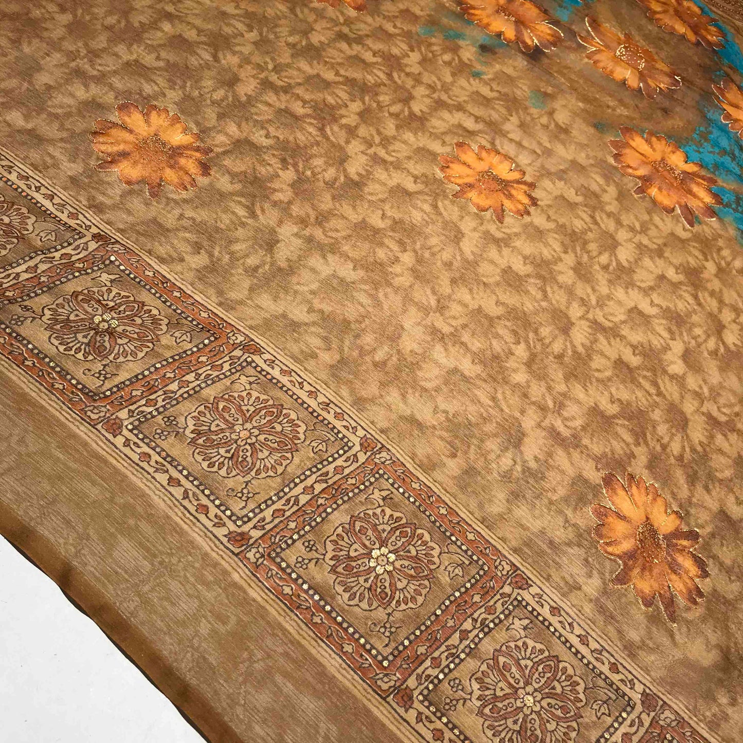 Mönstrade Chiffongtyger - Chiffong Skimmer Guld Brun Orange Blå Blommigt 34