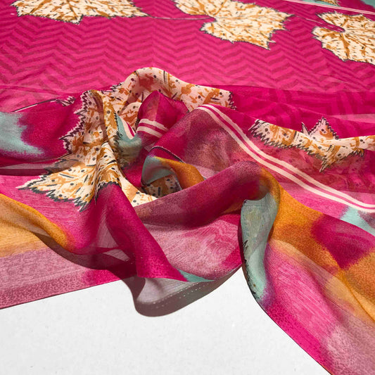 Mönstrade Chiffongtyger - Chiffong Cerise Orange Brun Blå Blad 36