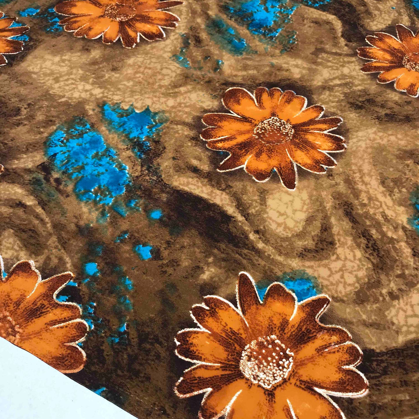 Mönstrade Modetyger - Crepe Mode Tyg Skimmer Guld Brun Orange Blå Blommigt 45