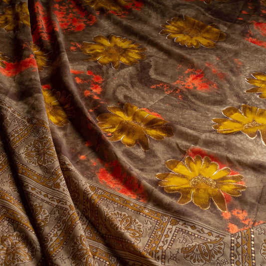 Mönstrade Modetyger - Crepe Mode Tyg Skimmer Guld Brun Röd Gul Blommigt 88