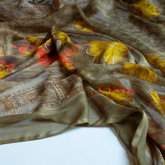 Mönstrade Chiffongtyger - Chiffong Guld Skimmer Grön Brun Orange Blommigt Grön Border 98