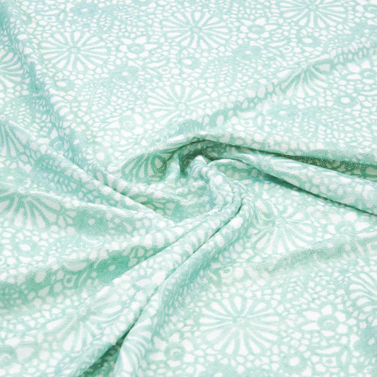 Mönstrat Paljettyg -  Gröna Blommor & Blad På Benvit Lycra