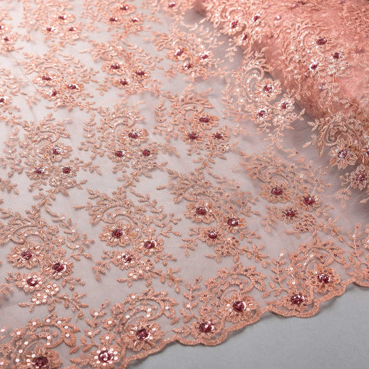 Broderat Tylltyg - Tyll Spets Alba Strass Paljetter Blommigt Rosa 17