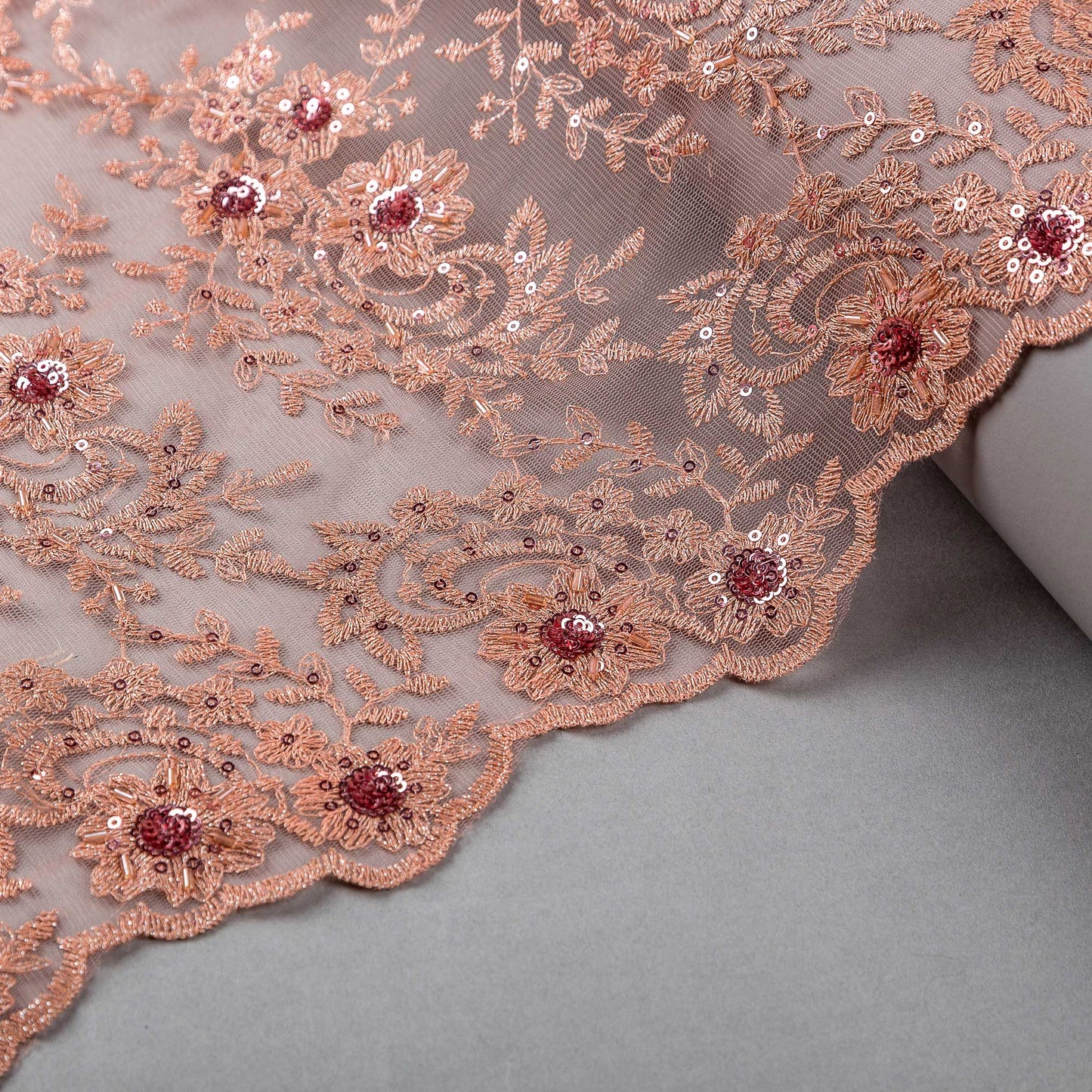 Broderat Tylltyg - Tyll Spets Alba Strass Paljetter Blommigt Rosa 17