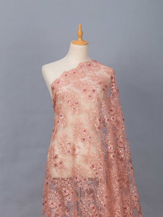 Broderat Tylltyg - Tyll Spets Alba Strass Paljetter Blommigt Rosa 17