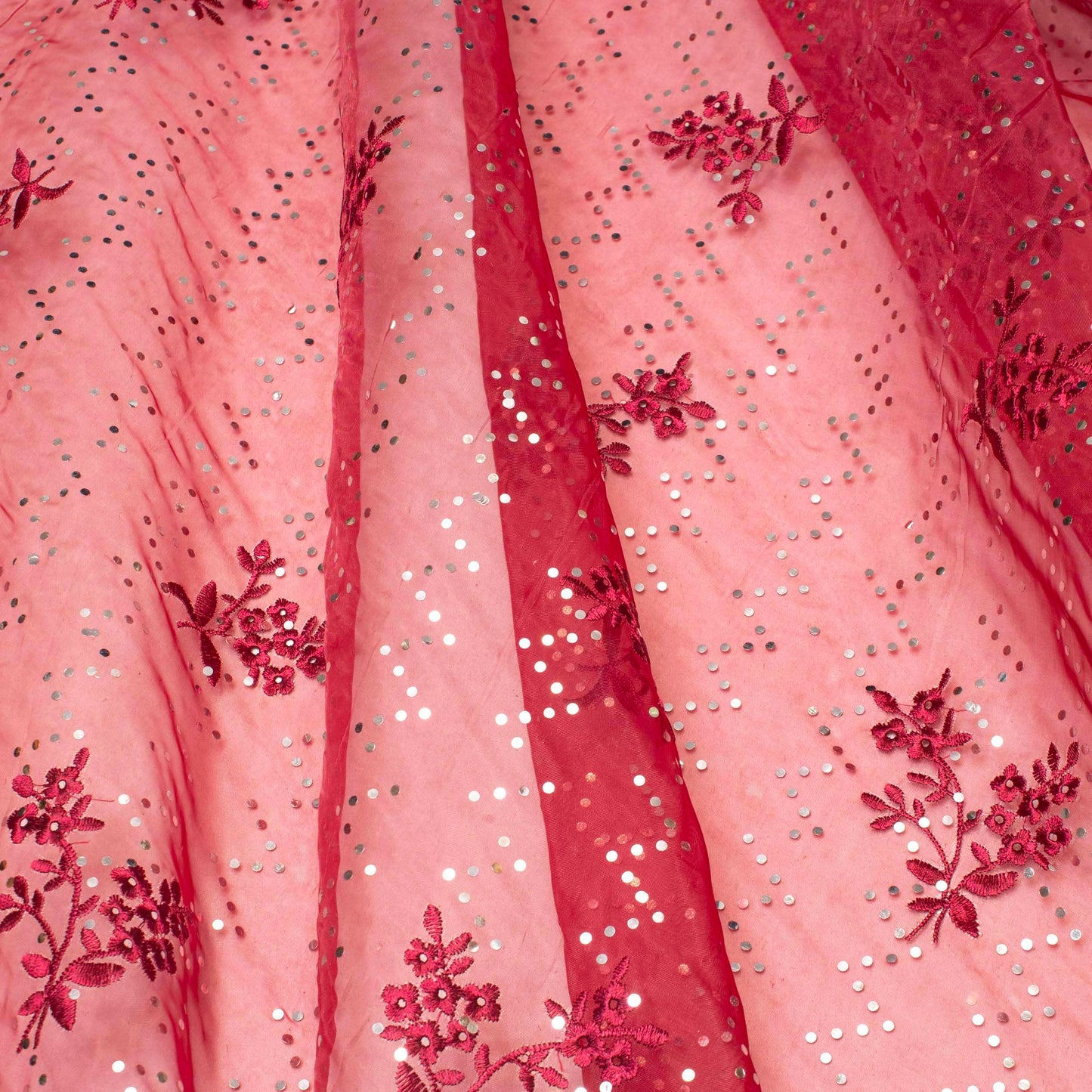 Paljettyg - Tyg Paljett Organza Röd Vinröd Blommigt Silver 24