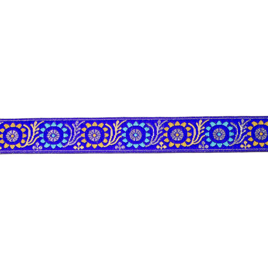 Jacquardband kungsblå med blommönster i brons turkos och ljusblå, 3 cm brett dekorband
