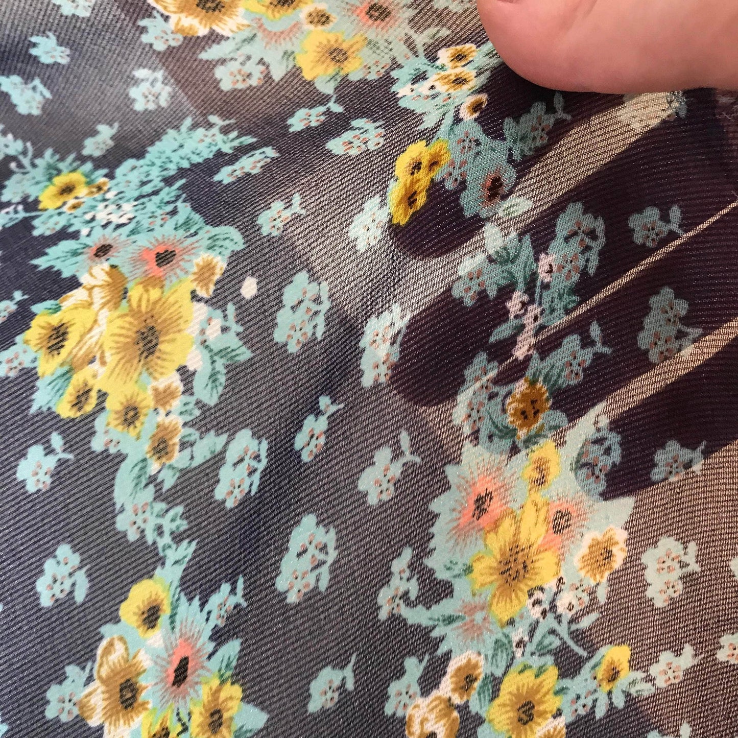 Mönstrat Chiffongtyg - Chiffong Tyg Mörkblå Gula Blommor 4