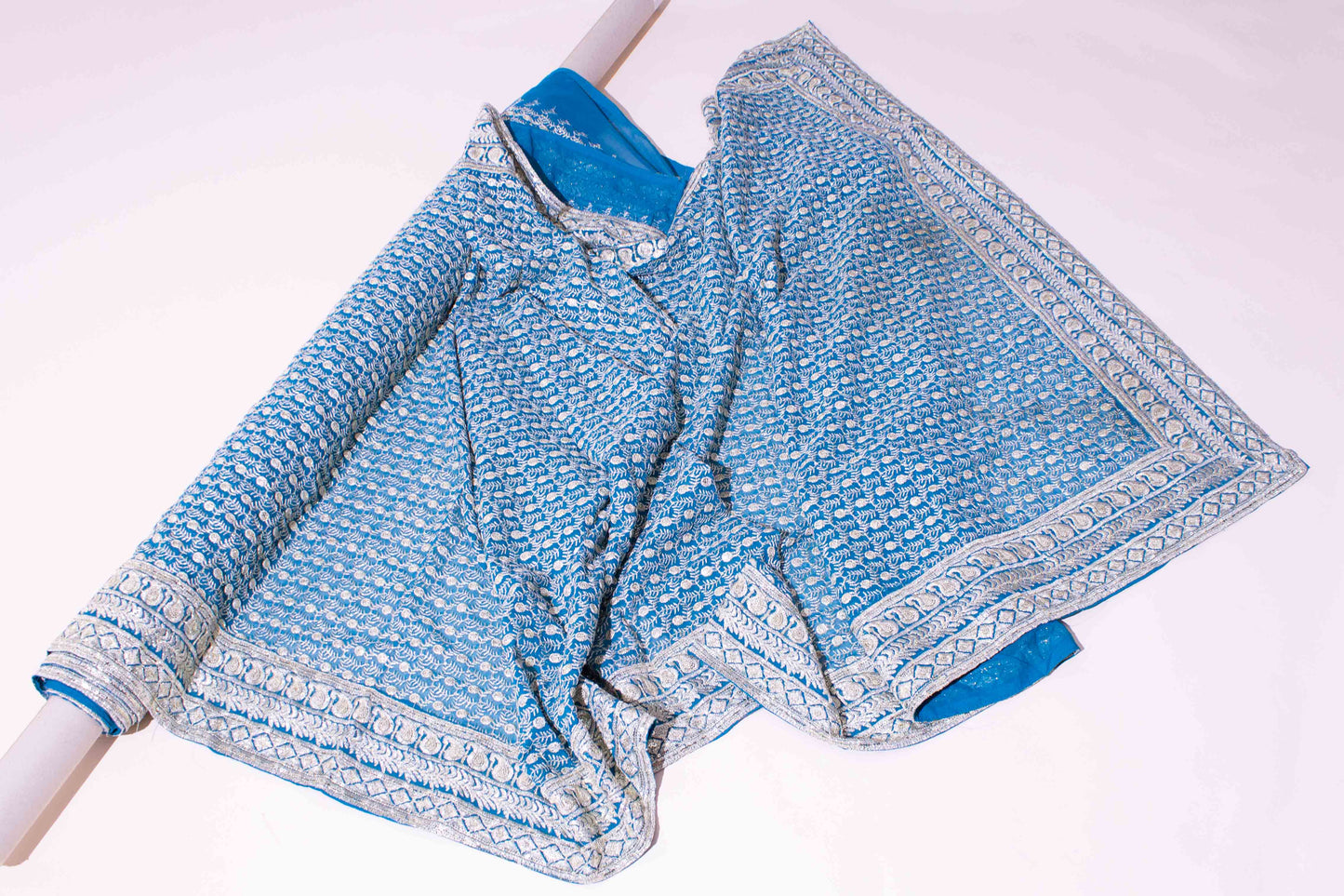 Sari - Blå Chiffong Guld Brodyr Guld Paljetter 27