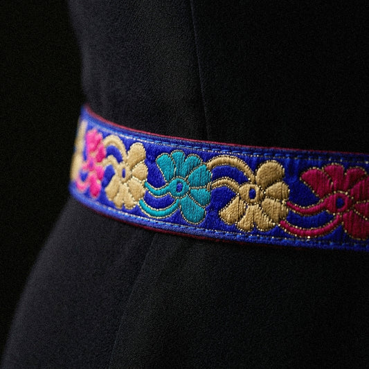 Band - Tygband Blommigt Blå Rosa Beige Guld Skimmer 2,5cm 99