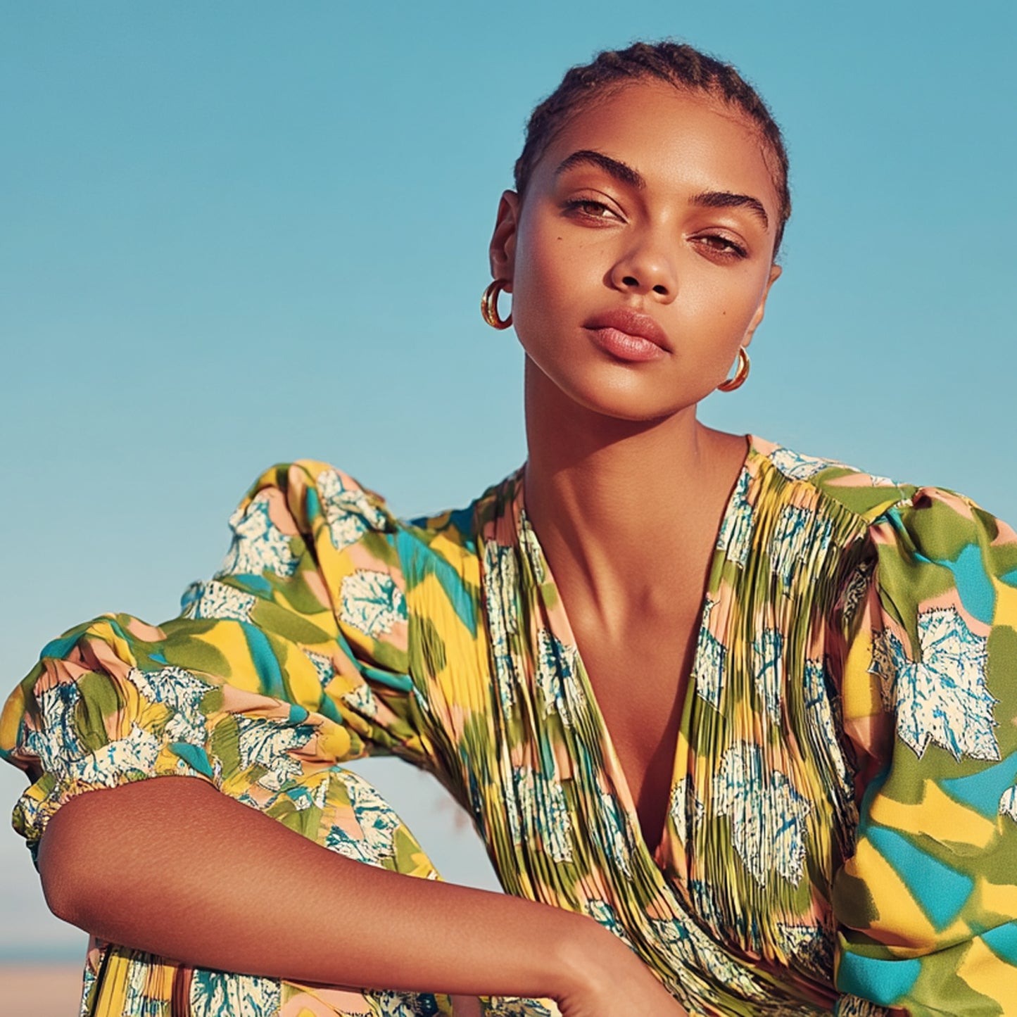 Mönstrade Modetyger - Crepe Tyg Gul Grön Blå Blad 40