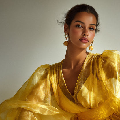 Organzatyg Dorotea gul skimmer — festblus med puffärmar i gyllene organza