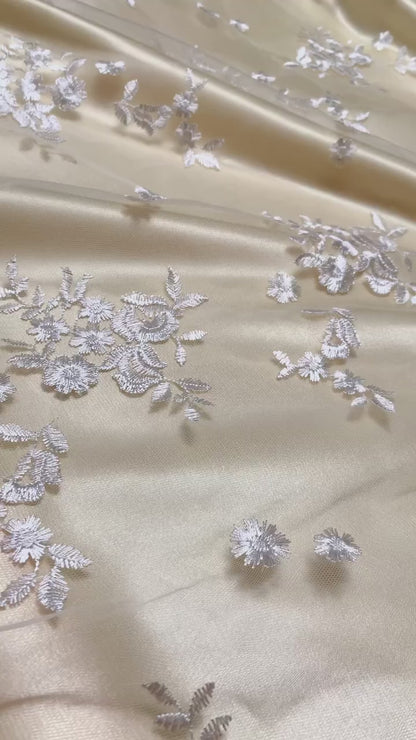 Brudspetstyg - Brud Bröllop Tyg  Spets Tyll Sommar Blommor Benvit 13