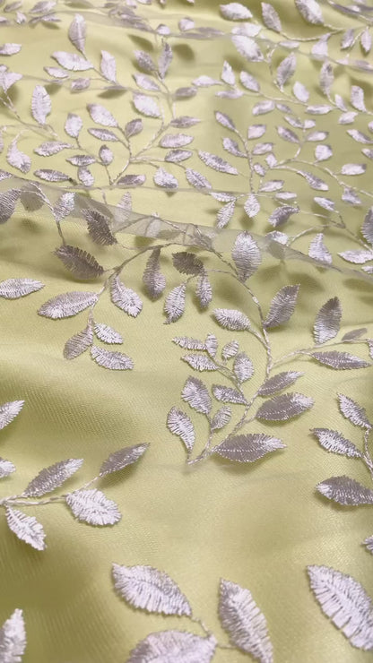 Brudspetstyg - Brud Bröllop Tyg  Spets Tyll Sensommar Bladslingor Vit 14