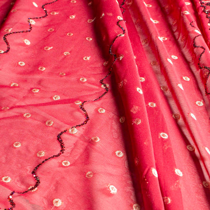 Sari - Siden Chiffong Röd Guld Glitter 62