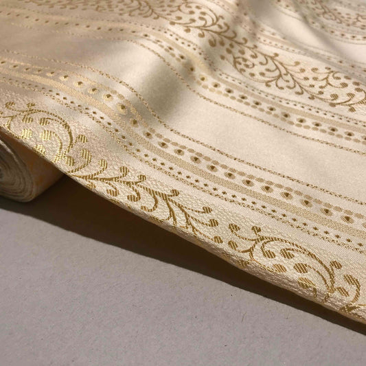 Grovt Bomullstyg - Beige Benvit Guld Bladslingor Linjer Randigt 5