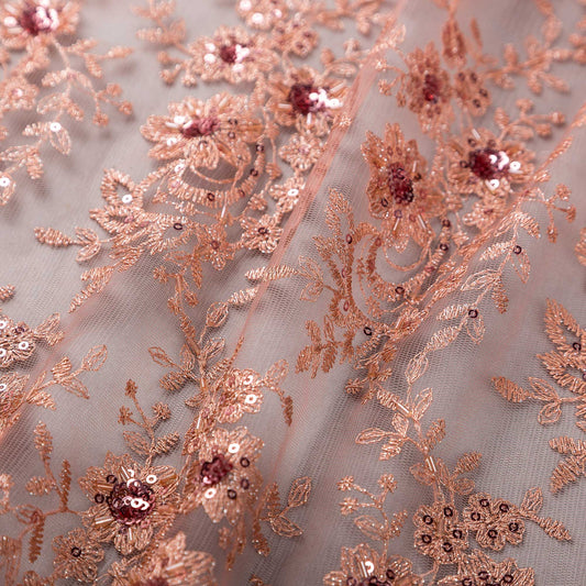 Broderat Tylltyg - Tyll Spets Alba Strass Paljetter Blommigt Rosa 17