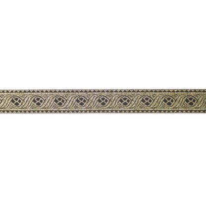 Jacquardband svart och guld med scrollmönster och cirkulära motiv, orientalisk stil