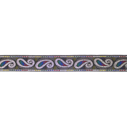Jacquardband svart med silver paisleymotiv och flerfärgade prickar, 2,5 cm